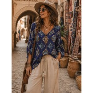 JM Sportswear Marrakesh Medallion Boho Blouse Navy Blue XL NWT